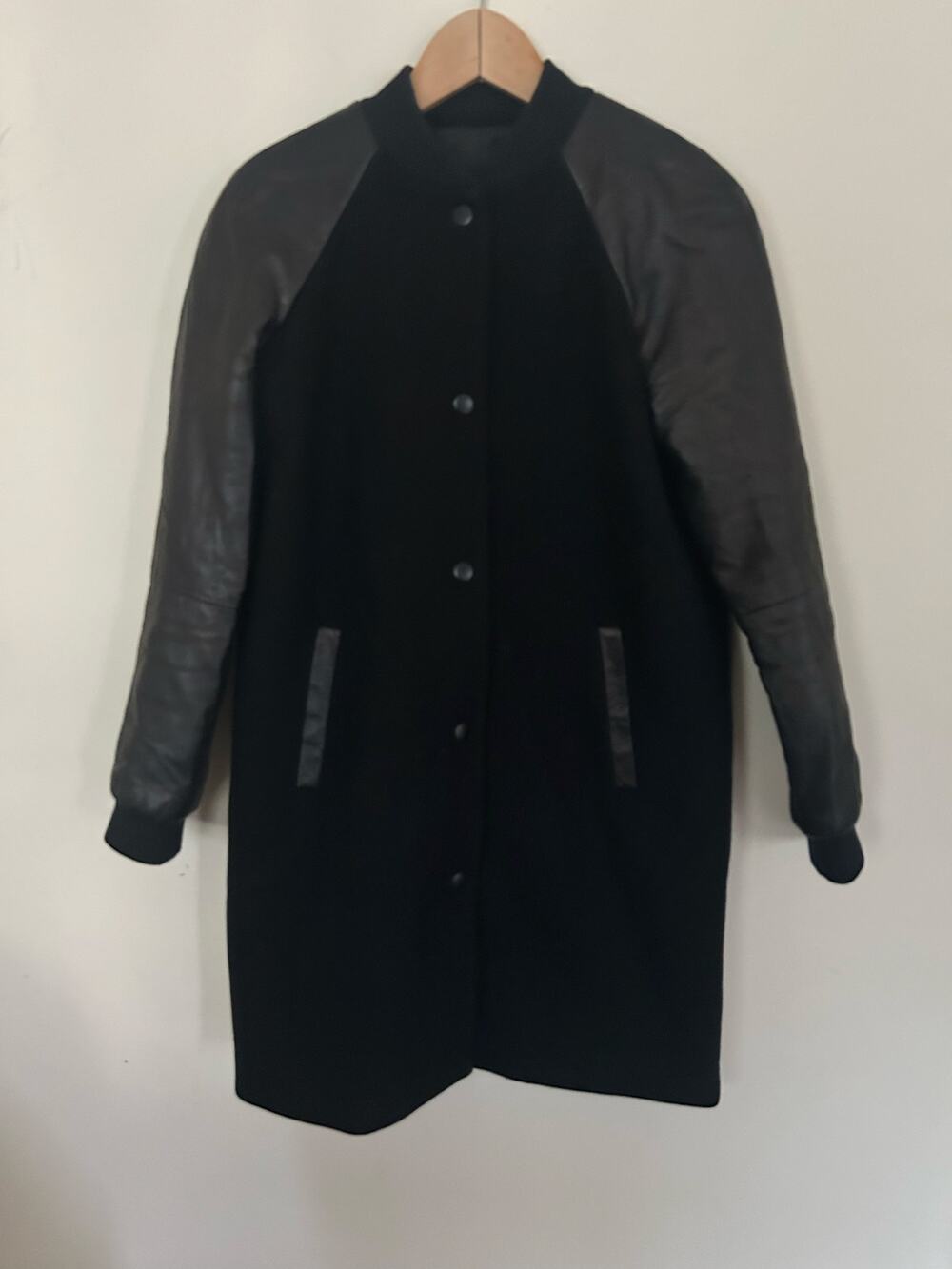 Madewell Black Wool Leather Varsity Bomber Jacket Long Minimalist Sm Edgy Chic